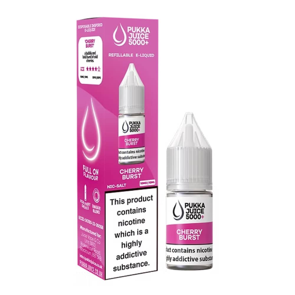 Pukka Juice 5000+ Nic Salts e liquids 10ml Cherry Burst 20mg
